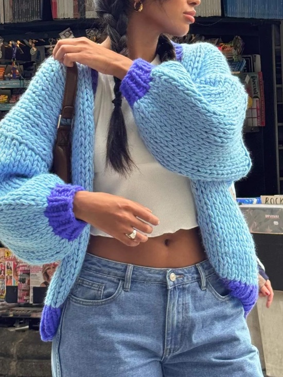 Chic Nation Sweaters - Chic Nation Light Blue Cardigan with Purple Trim